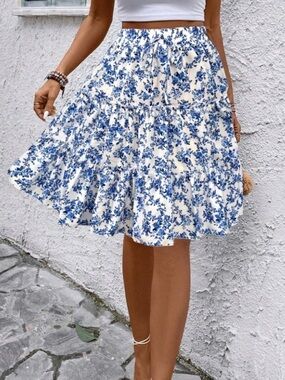 Blue Floral Tiered Midi Skirt - Women's